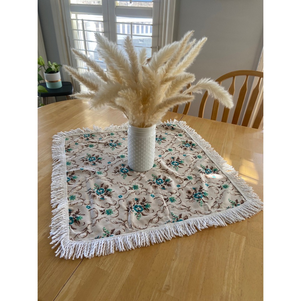 Fringed Floral Square Table Linen in Beige and Teal